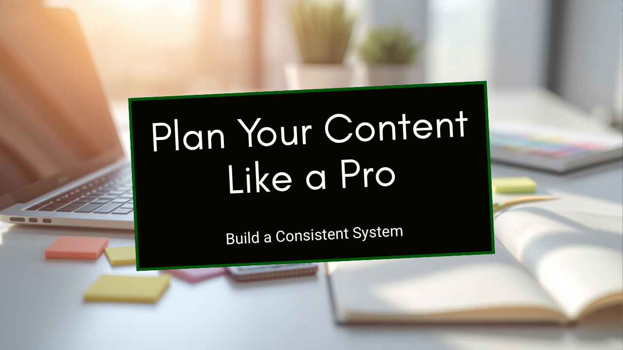 Content creator batching and planning business content at an organized desk